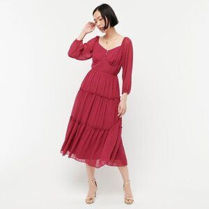 J.Crew Womens Swiss Dots Midi Dress Size 8 Magenta Tiered  Puff Sleeves Cottage
